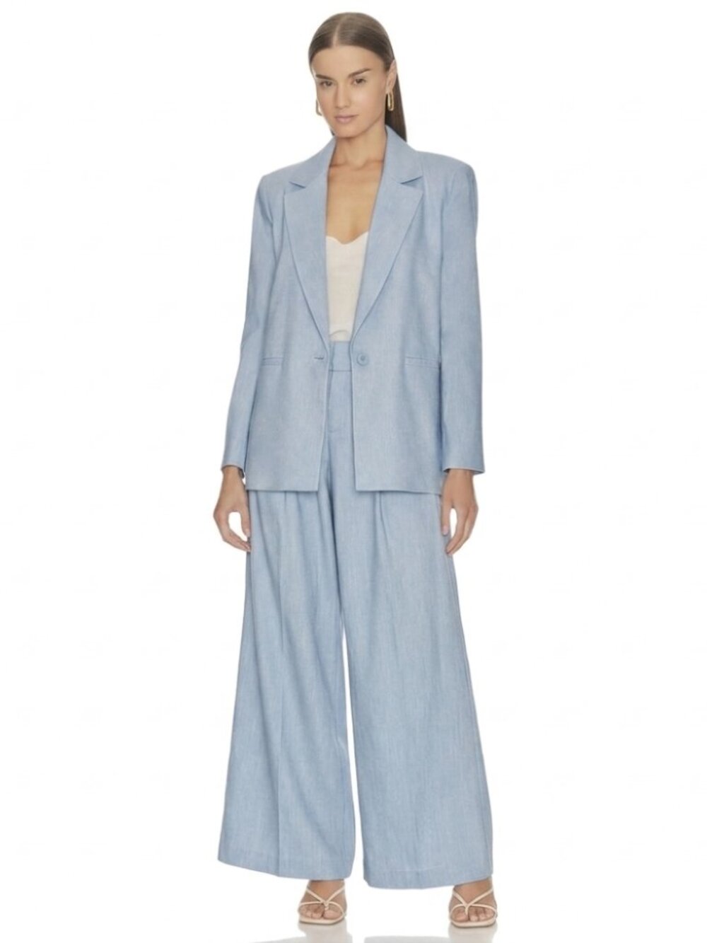 Alice + Olivia Boyfriend Linen Blazer & Wide Leg Pants SET Chambray Blue Size